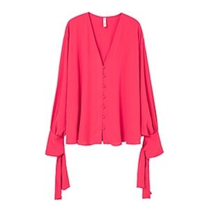 Mango Red Button-Front Blouse with Tie Cuffs | Size 6 | Romantic Feminine